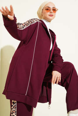 Leopar Desen Garnili Kapüşonlu İkili Takım Bordo - NESSİA