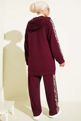 Leopar Desen Garnili Kapüşonlu İkili Takım Bordo - İkili Takım
