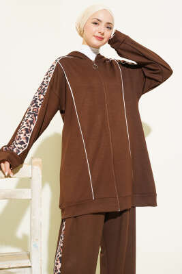 Leopar Desen Garnili Kapüşonlu İkili Takım Kahve - İkili Takım