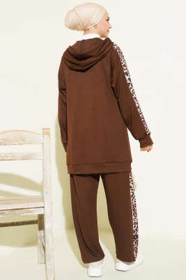 Leopar Desen Garnili Kapüşonlu İkili Takım Kahve - İkili Takım