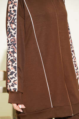 Leopar Desen Garnili Kapüşonlu İkili Takım Kahve - İkili Takım