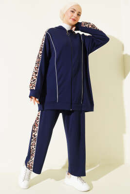 Leopar Desen Garnili Kapüşonlu İkili Takım Lacivert - NESSİA