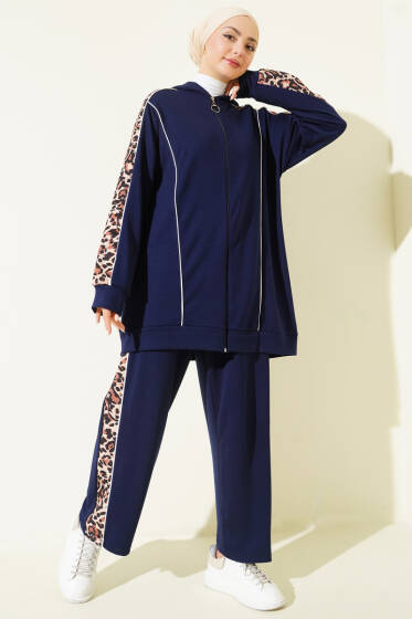 Leopar Desen Garnili Kapüşonlu İkili Takım Lacivert - İkili Takım