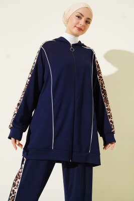 Leopar Desen Garnili Kapüşonlu İkili Takım Lacivert - İkili Takım