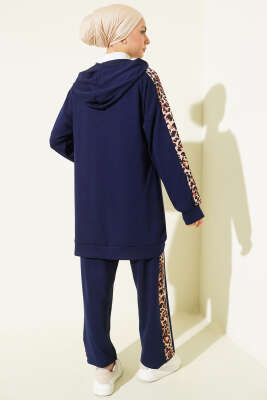 Leopar Desen Garnili Kapüşonlu İkili Takım Lacivert - İkili Takım