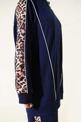 Leopar Desen Garnili Kapüşonlu İkili Takım Lacivert - İkili Takım