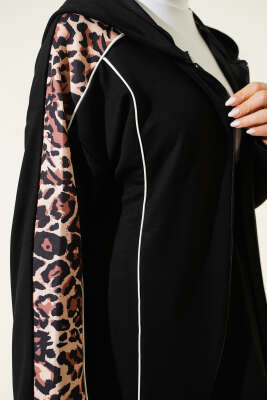 Leopar Desen Garnili Kapüşonlu İkili Takım Siyah - İkili Takım