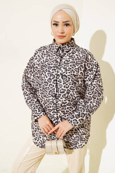 Leopar Desen Gizli Düğmeli Gömlek Leopar - Gömlek