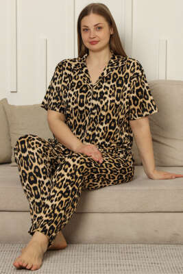 Leopar Desen Gömlek Yaka Büyük Beden Pijama Takımı Leopar - IŞILAY