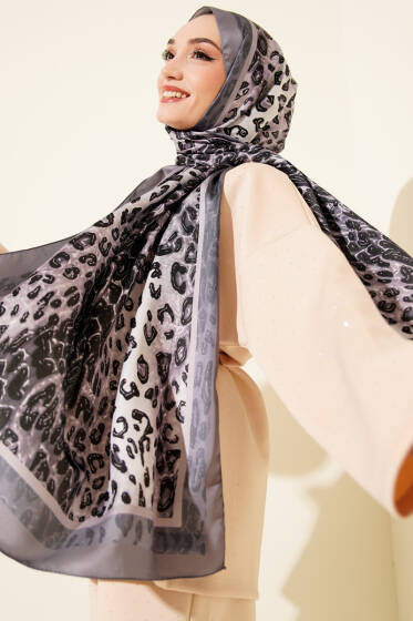 Leopar Desen İpekTwill Şal Gri - Başörtüsü