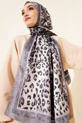 Leopar Desen İpekTwill Şal Gri - Başörtüsü