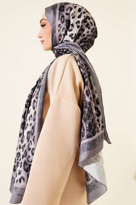 Leopar Desen İpekTwill Şal Gri - Başörtüsü
