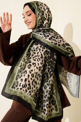 Leopar Desen İpekTwill Şal Haki - MODA KAŞMİR