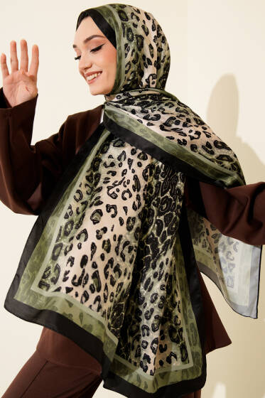 Leopar Desen İpekTwill Şal Haki - Başörtüsü