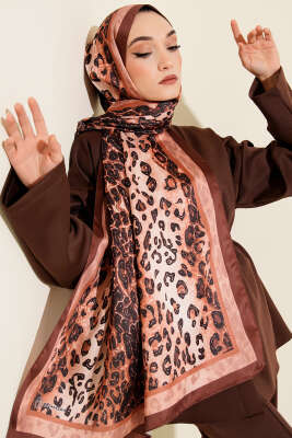 Leopar Desen İpekTwill Şal Kahve - MODA KAŞMİR
