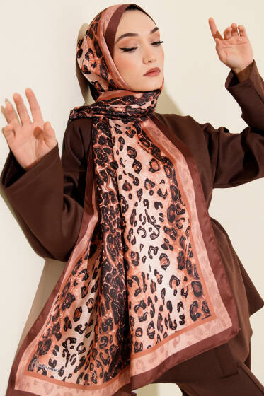 Leopar Desen İpekTwill Şal Kahve - Başörtüsü