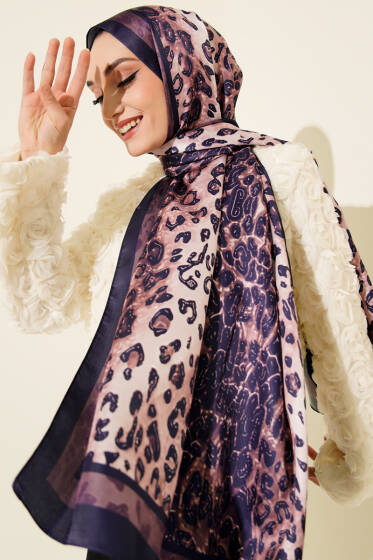 Leopar Desen İpekTwill Şal Lacivert - Başörtüsü