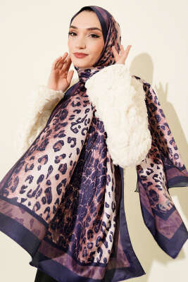 Leopar Desen İpekTwill Şal Lacivert - Başörtüsü