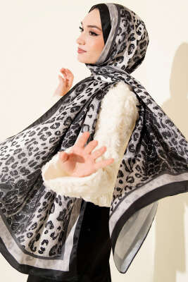 Leopar Desen İpekTwill Şal Siyah - MODA KAŞMİR