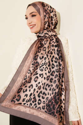 Leopar Desen İpekTwill Şal Vizon - Başörtüsü