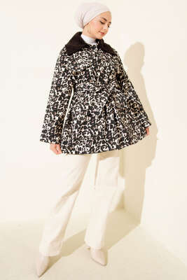 Leopar Desen Kadife Yaka Trençkot Kahve - Trençkot