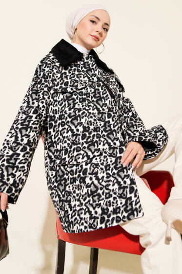 Leopar Desen Kadife Yaka Trençkot Siyah - Trençkot