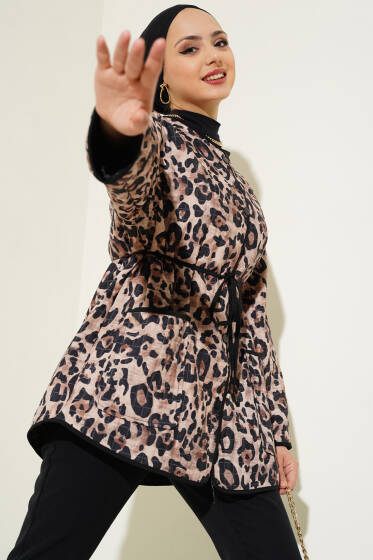 Leopar Desen Kapitone Ceket Camel - Ceket