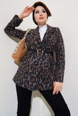 Leopar Desen Kemerli Blazer Ceket Füme 