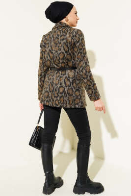 Leopar Desen Kemerli Blazer Ceket Taba - Ceket