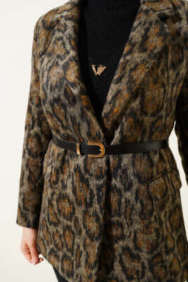 Leopar Desen Kemerli Blazer Ceket Taba - Ceket