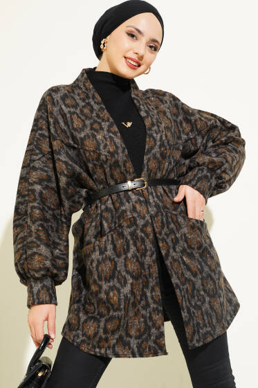 Leopar Desen Kemerli Salaş Ceket Füme - Ceket