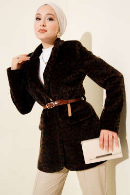 Leopar Desen Kemerli Tay Tüyü Ceket Kahve - BERAT TEKSTİL