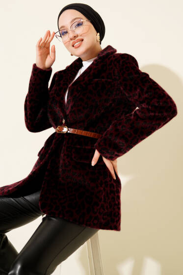 Leopar Desen Kemerli Tay Tüyü Ceket Mürdüm - Ceket