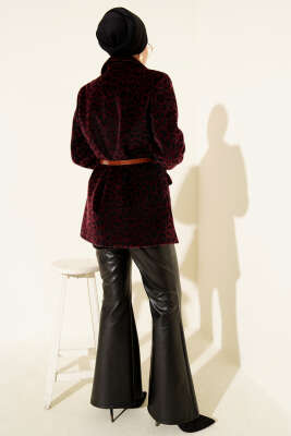 Leopar Desen Kemerli Tay Tüyü Ceket Mürdüm - Ceket