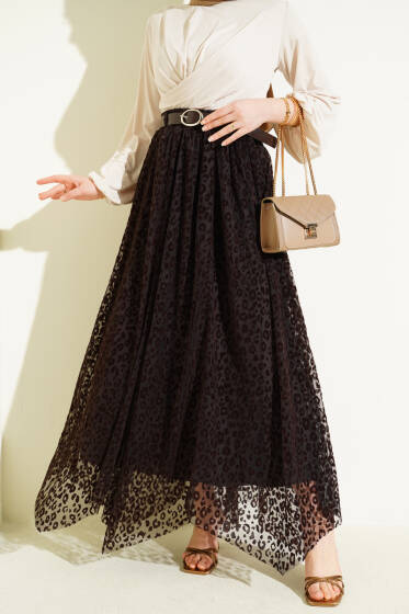 Leopar Desen Kemerli Tül Etek Kahve - Etek