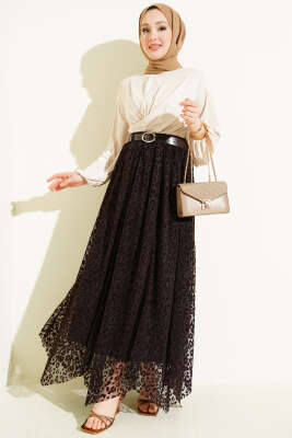 Leopar Desen Kemerli Tül Etek Kahve - Etek