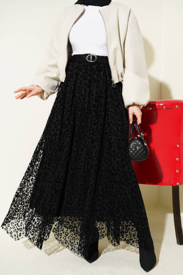Leopar Desen Kemerli Tül Etek Siyah - Etek