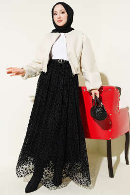 Leopar Desen Kemerli Tül Etek Siyah - Etek