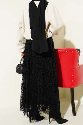 Leopar Desen Kemerli Tül Etek Siyah - Etek