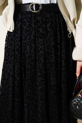 Leopar Desen Kemerli Tül Etek Siyah - Etek