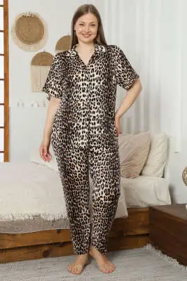 Leopar Desen Kısa Kol Büyük Beden Pijama Takım Leopar