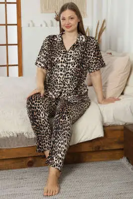 Leopar Desen Kısa Kol Büyük Beden Pijama Takım Leopar - Pijama