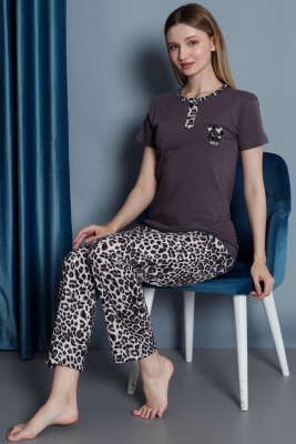 Leopar Desen Kısa Kol Pijama Takımı Burgonya - Pijama & Gecelik