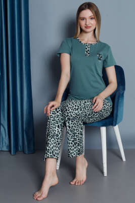 Leopar Desen Kısa Kol Pijama Takımı Çağla Yeşili - Pijama & Gecelik