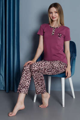 Leopar Desen Kısa Kol Pijama Takımı Menekşe - Kadın Pijama Takımı