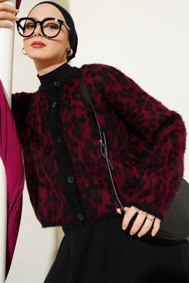 Leopar Desen Kısa Triko Hırka Burgonya - Hırka