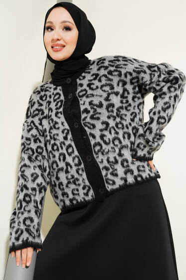 Leopar Desen Kısa Triko Hırka Gri - Hırka