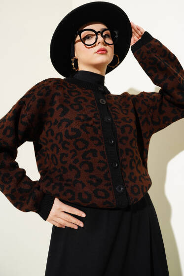 Leopar Desen Kısa Triko Hırka Kahve - Hırka