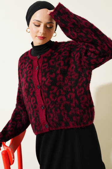 Leopar Desen Kısa Triko Hırka Koyu Bordo - Hırka