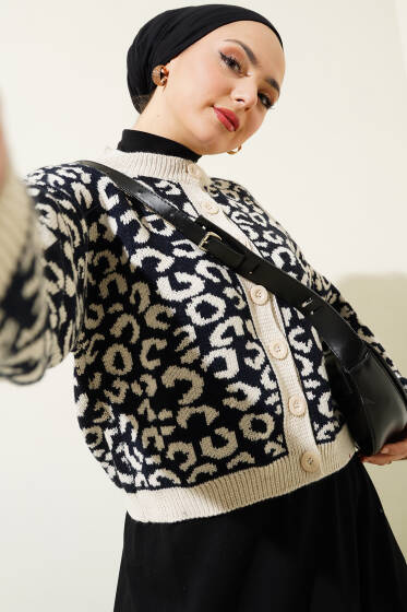 Leopar Desen Kısa Triko Hırka Lacivert - Hırka